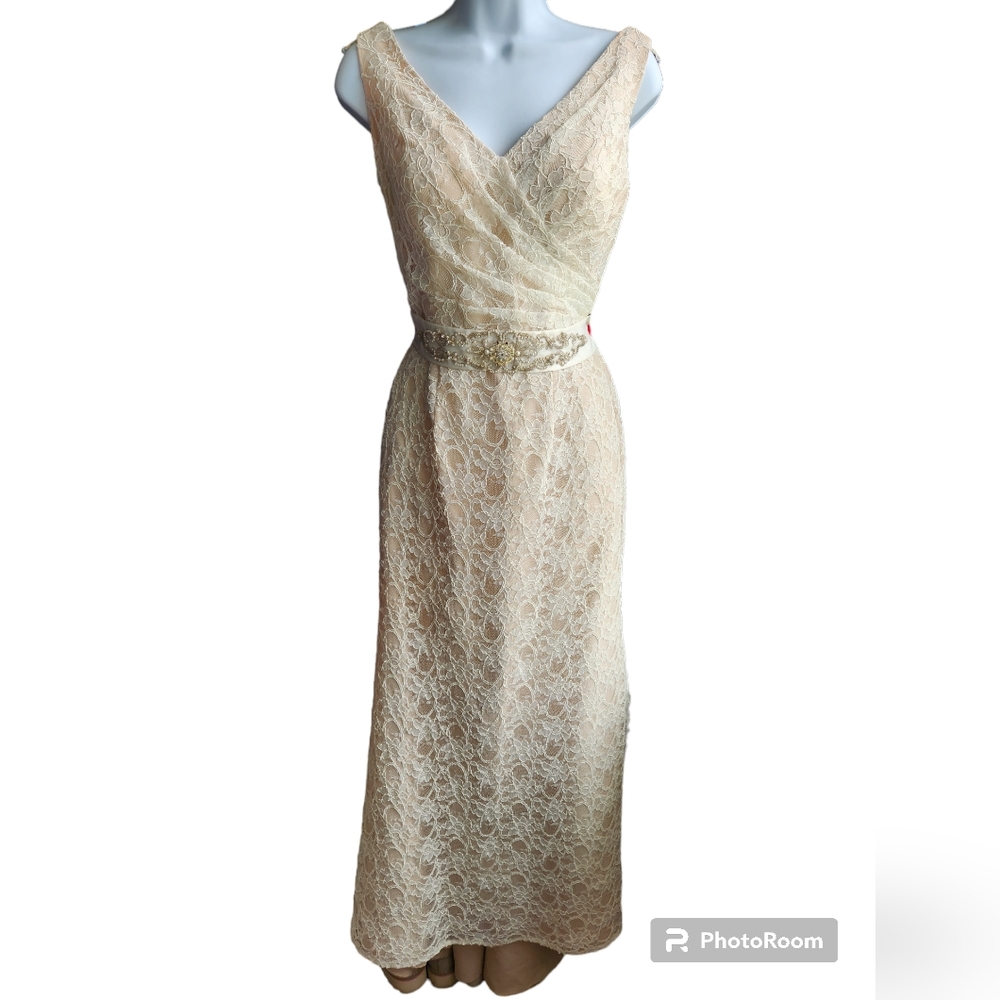 Mori Lee Lace V-Neck Gown in Champagne Gold